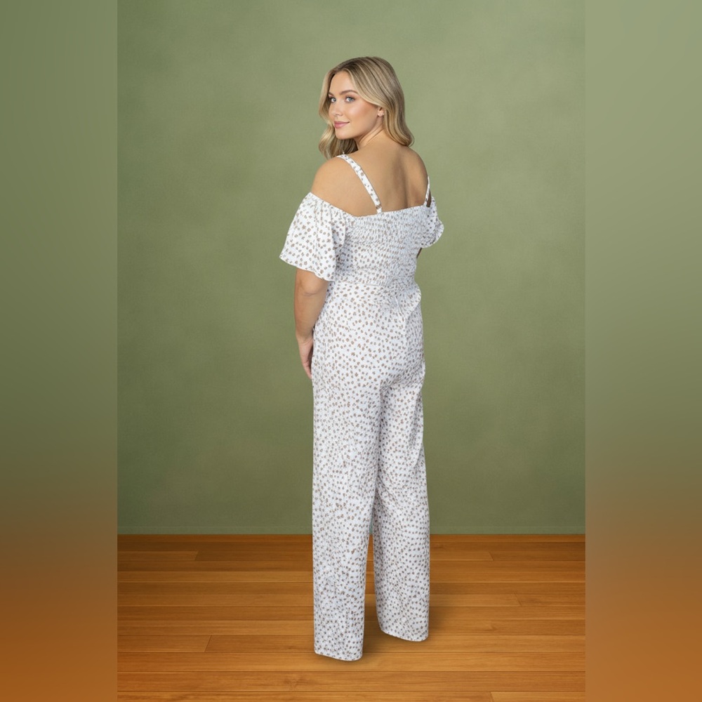 VENETIAN BLOOM OFF SHOULDER WHITE FLORAL TIE BELT JUMPSUIT - Picture 2 of 7